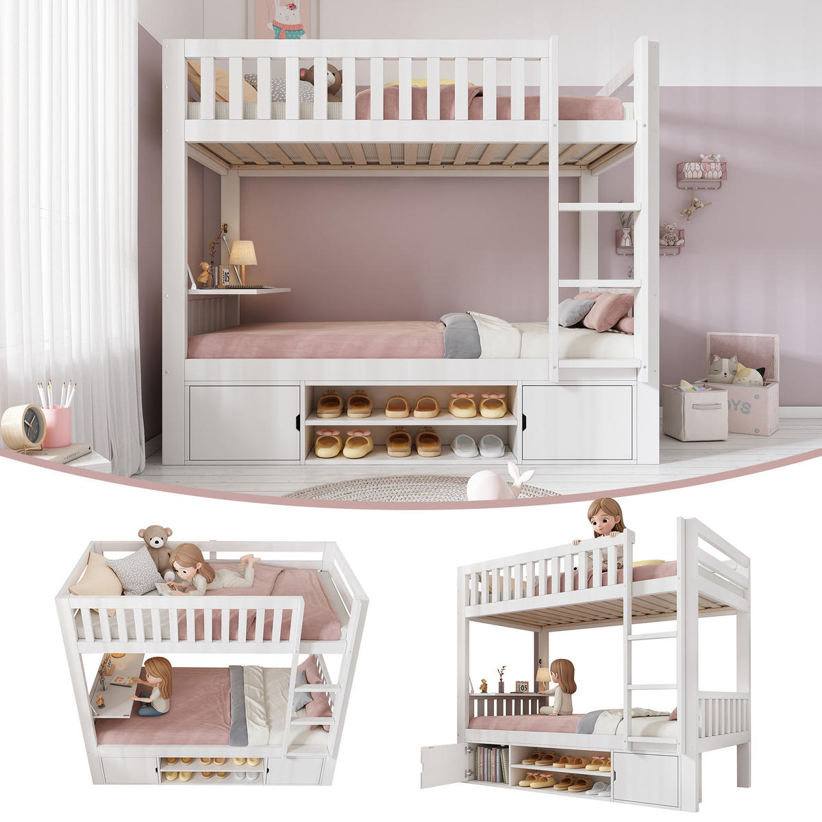 ETAGENBETT 90/200 cm & 90/200 cm in Weiß mit Klapptisch und Schuhregal - Weiß, Holz/Holzwerkstoff (90/200cm) - WISHDOR