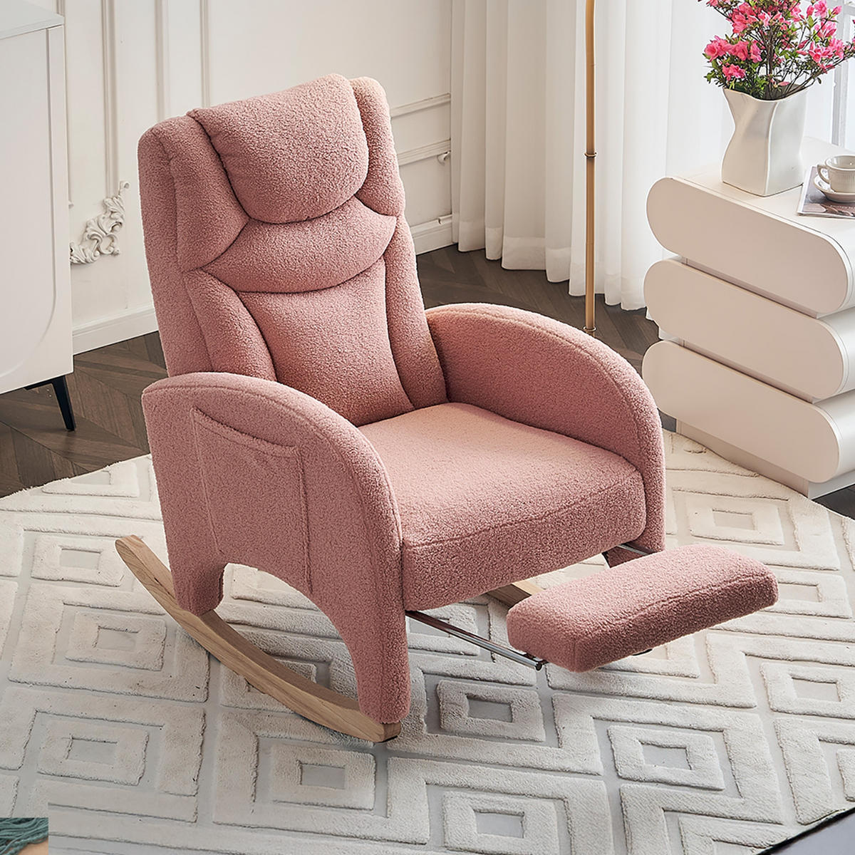 SCHAUKELSTUHL Rosa Teddy mit Klappbare Pedale - Rosa, Textil (125/101/66cm) - Oxeza