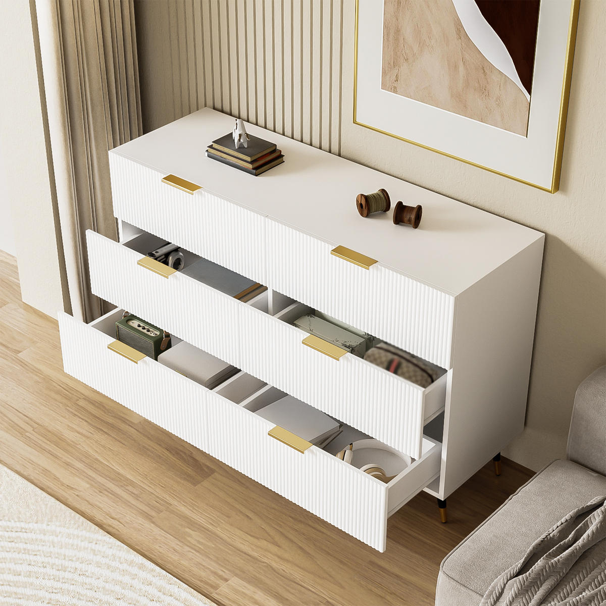 SIDEBOARD mit 6 Schubladen und modernem Design 120/40/77 cm,Weiß - Schwarz/Weiß, Holzwerkstoff (120/77/40cm) - EVRYAE