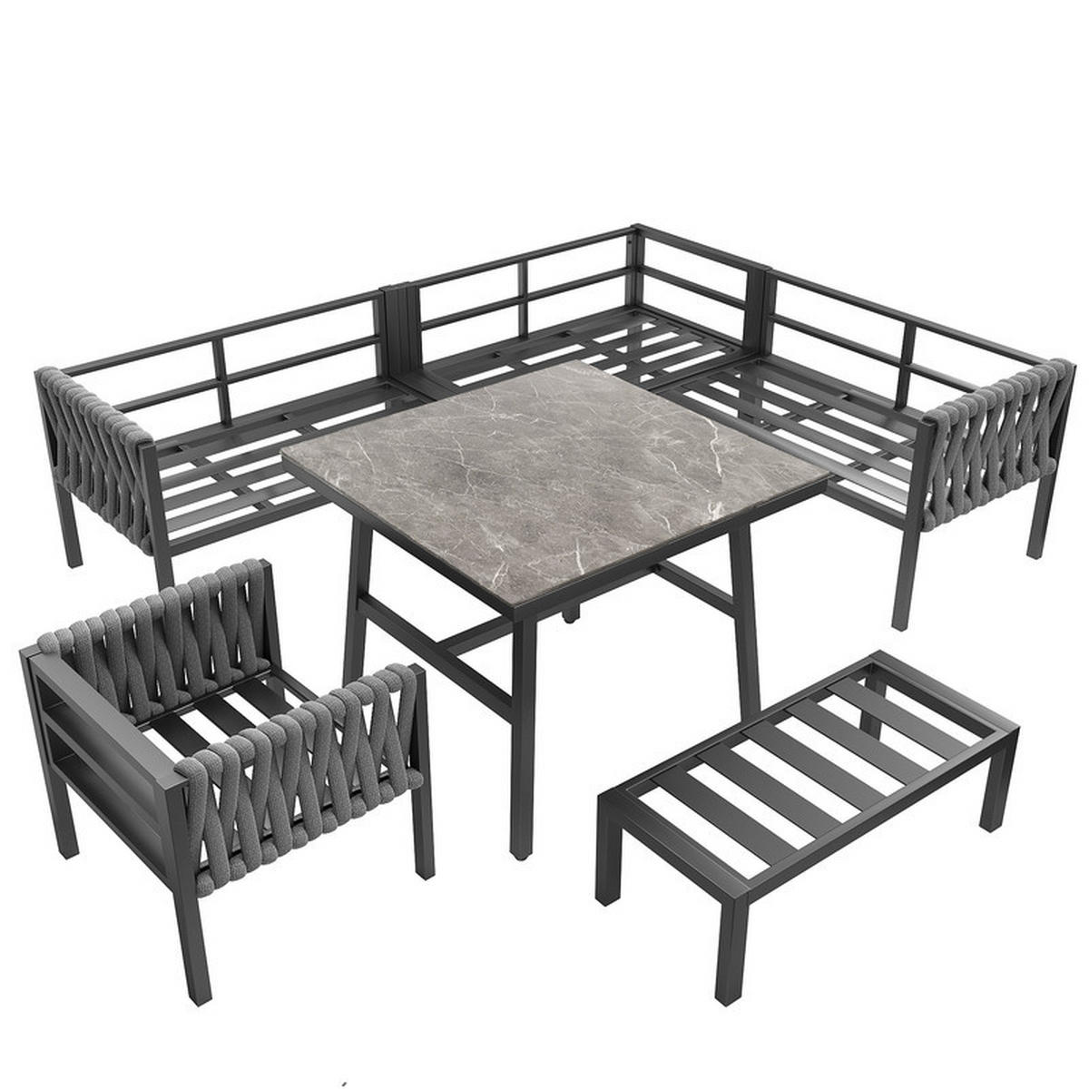 GARTENLOUNGE-SET GRAU mit Seilgeflecht verstellbaren Beinen und Glastisch inkl. Kissen - Grau, Textil - BLACKCUP