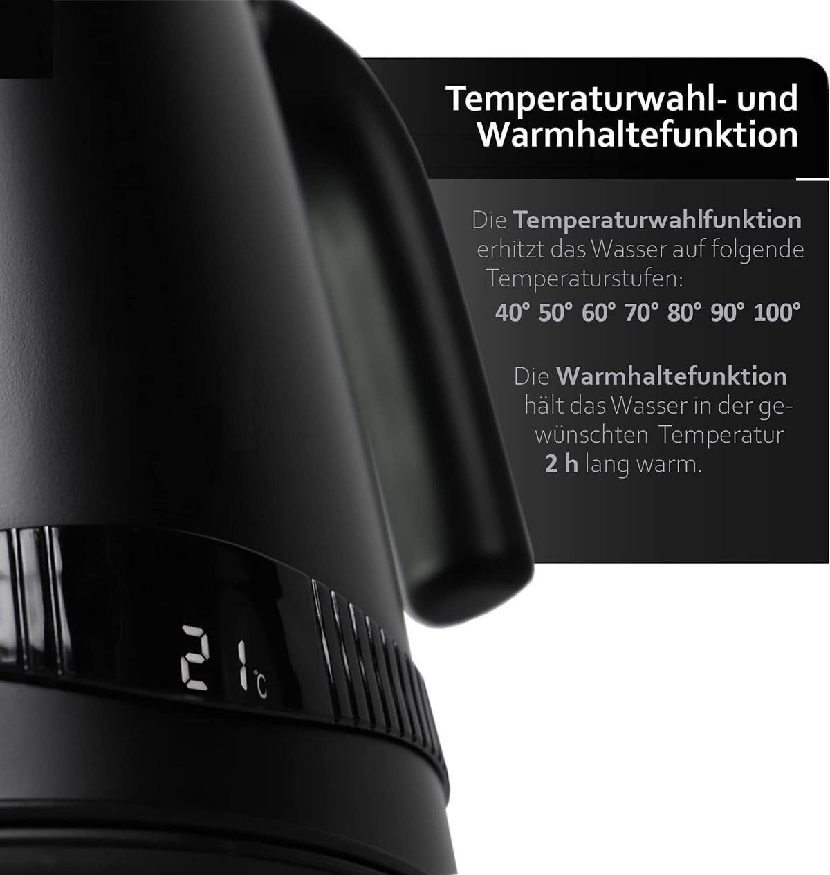 WASSERKOCHER – ADLER AD1295S – Edelstahl 2200 W, 1,7 L, Temperaturregelung 40-100°C, LCD Display, Temperaturhaltefunktion, BPA-frei, Antikalk-Filter - Schwarz, Glas/Kunststoff (26/20/26cm) - Adler