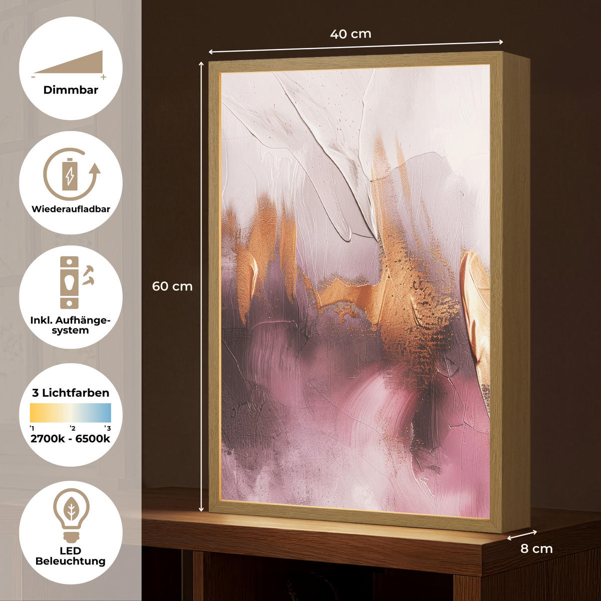 NÁSTĚNNÁ LAMPA S AKUMULÁTOREM Fialová - abstraktní - barva - zlatá 40x60 cm - světle fialová, kompozitní dřevo (40/60/8cm) - OnlyWow