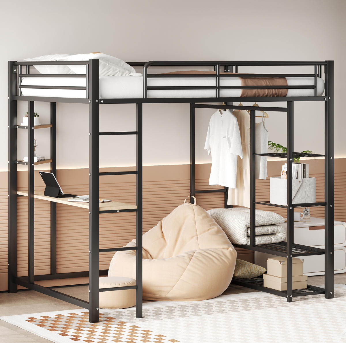 HOCHBETT mit Schreibtisch 140/200 cm in Schwarz – aus Metall mit Leiter und Stauraum - Schwarz, Metall (140/200cm) - BEAOK