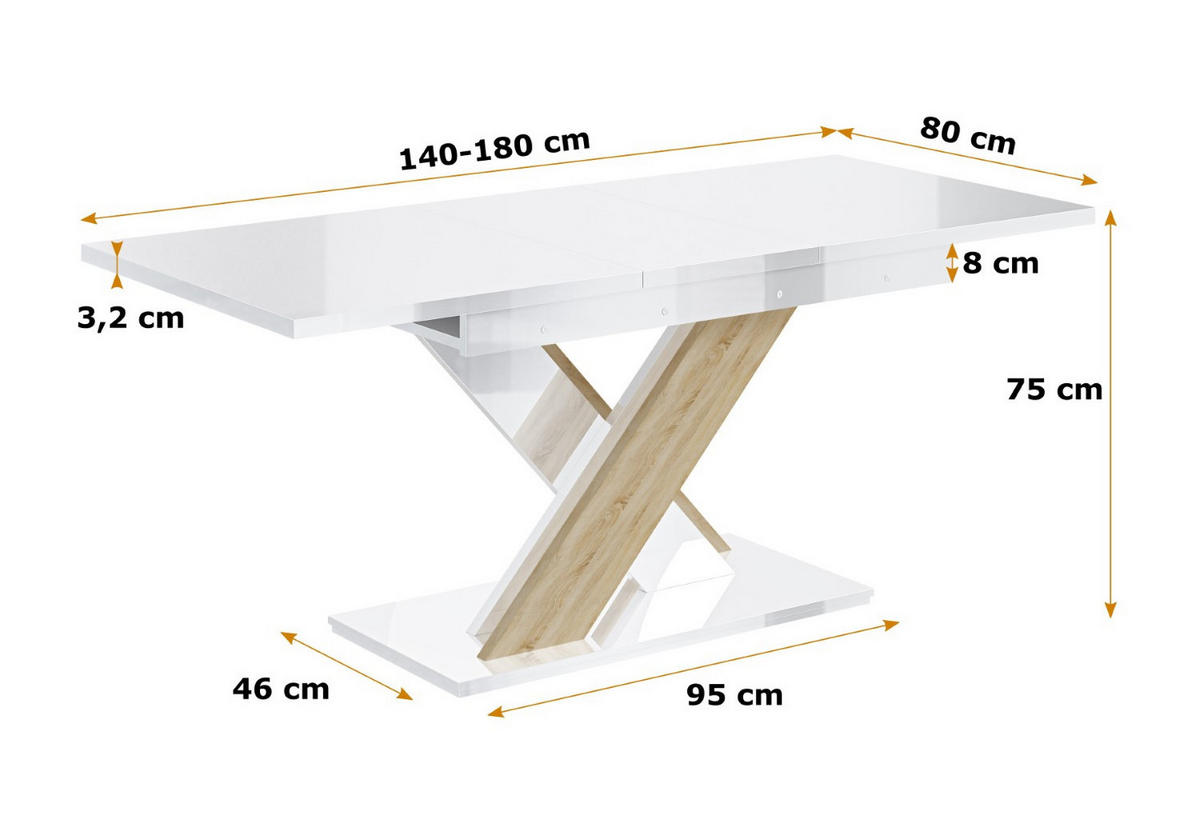 ESSTISCH ausziehbar 140 -180x80x75 cm - Weiß Hochglanz / Sonoma - RONX - Sonoma Eiche, Holzwerkstoff (140/80/75cm) - ALTDECOR