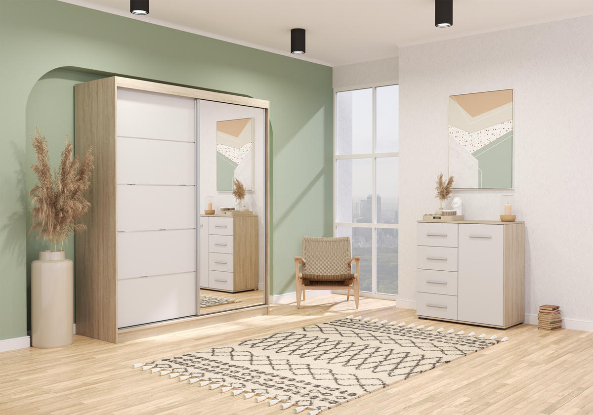 KOMMODE - Highboard IRYS MINI (sonoma + Weiß) - Weiß/Sonoma Eiche, Holzwerkstoff (90/95/45cm) - Möblo