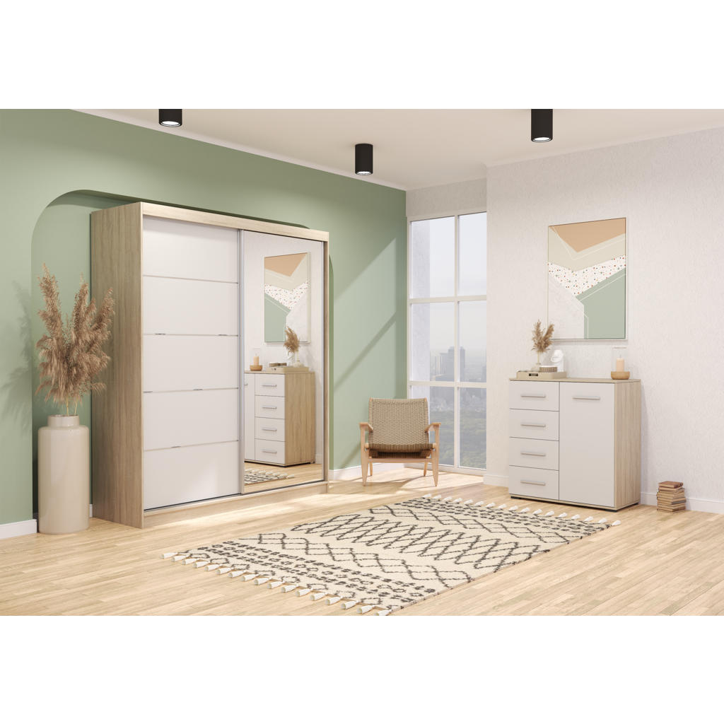 Thumbnail - Möblo Kommode, Sonoma Eiche, Weiß, Holzwerkstoff, 4 Schubladen, Quadratisch, 90x95x45 cm, Wohnzimmer, Kommoden & Sideboa...