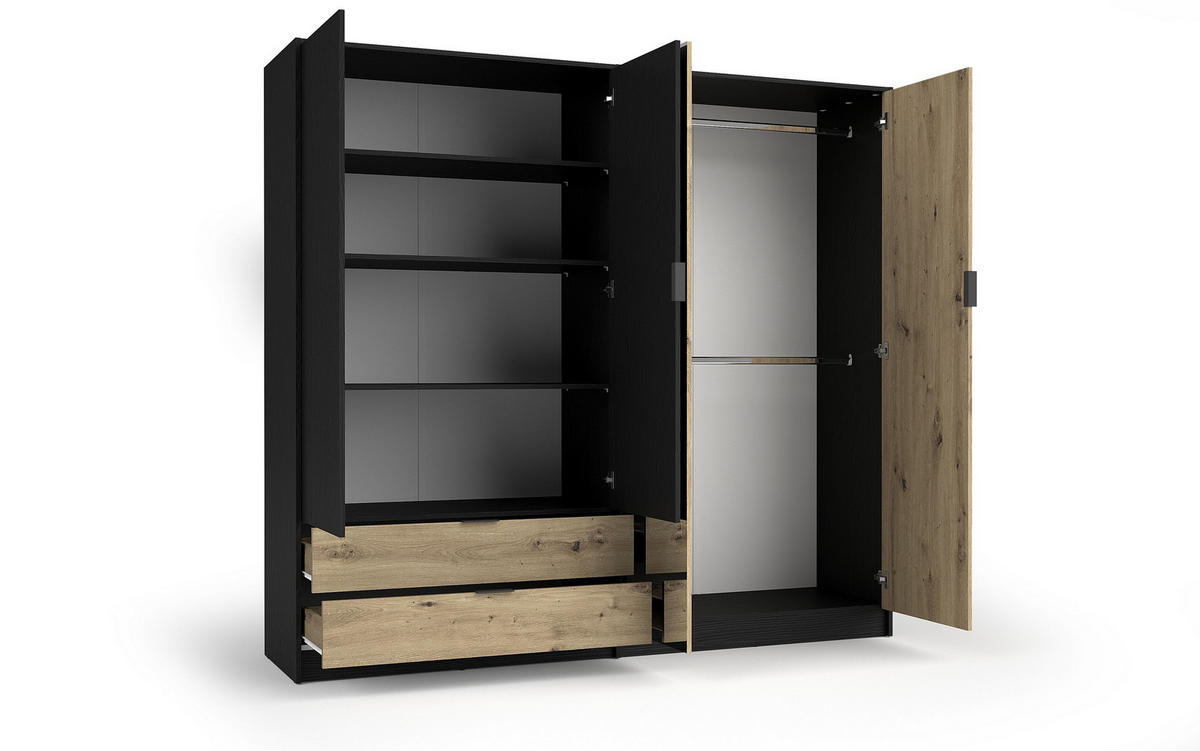DREHTÜRENSCHRANK LAMON 220,5/203/54cm 4-türig mit Spiegel Graphit - Graphitfarben/Eiche Artisan, Holzwerkstoff (220.5/203/54cm) - MASSENO