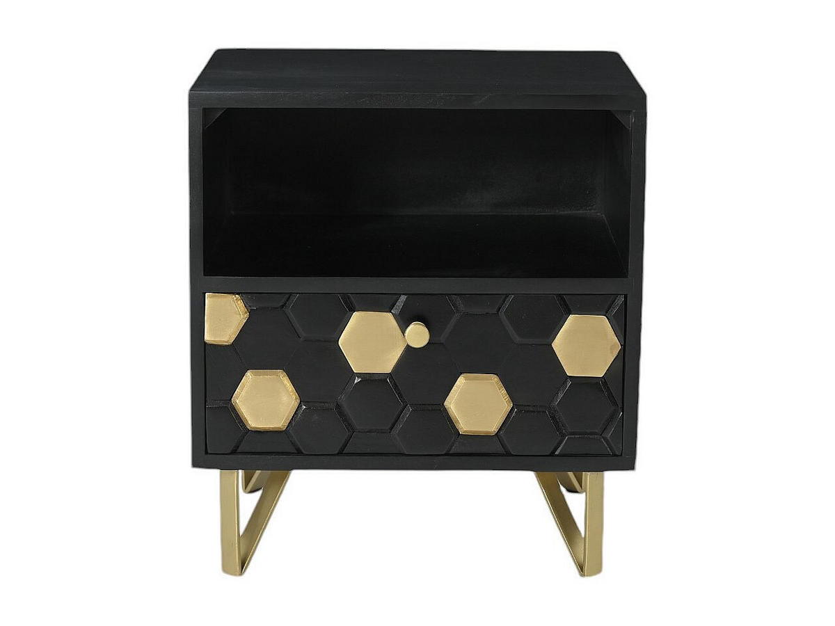 NACHTTISCH mit 1 Schublade & 1 Ablagefach - Mangoholz & Metall - Schwarz & Goldfarben - BELORI - Schwarz, Holz (945/50/38cm) - Vente-Unique