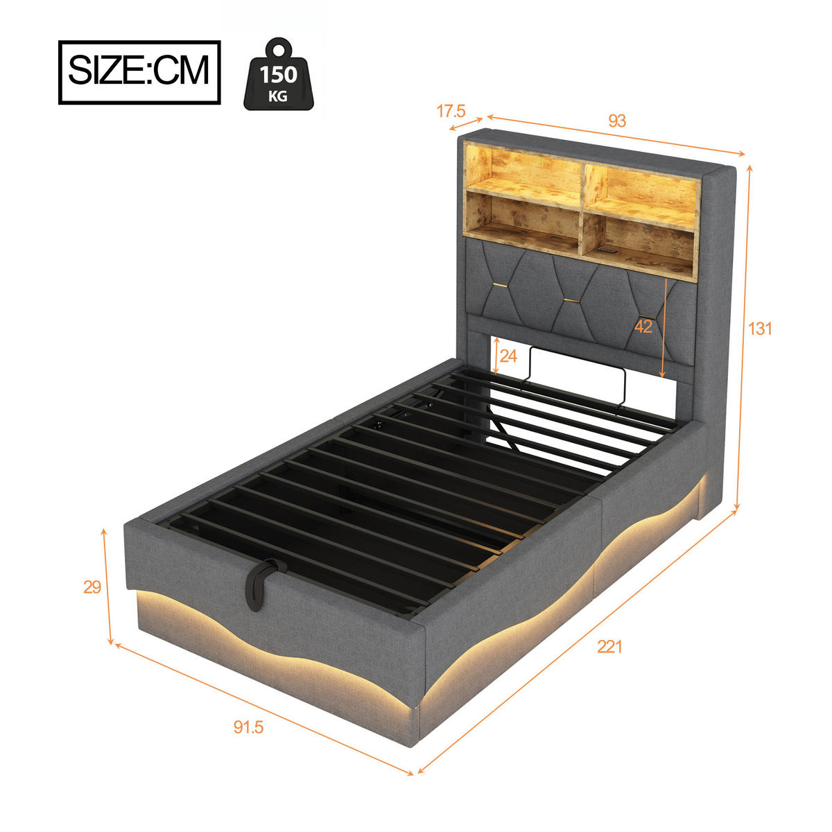 POLSTERBETT aus Leinen und Metall 90x200 cm in Grau mit LED, USB und Stauraum - Grau, Textil (90/200cm) - Modfu