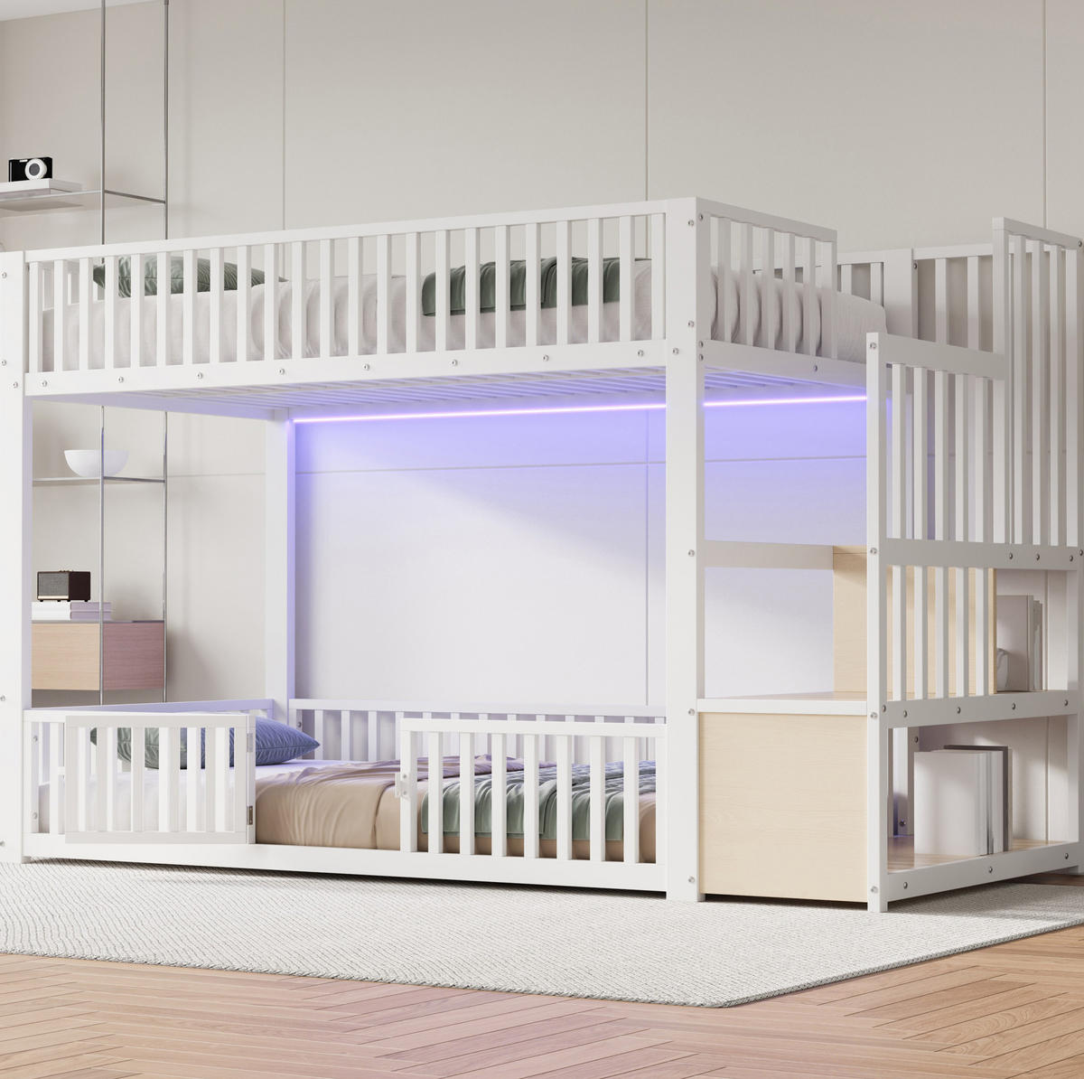 ETAGENBETT 90/200 cm mit LED, Stauraumleiter und Schutzgitter, MDF und Metall, Weiß - Weiß, Holzwerkstoff (90/200cm) - Redom
