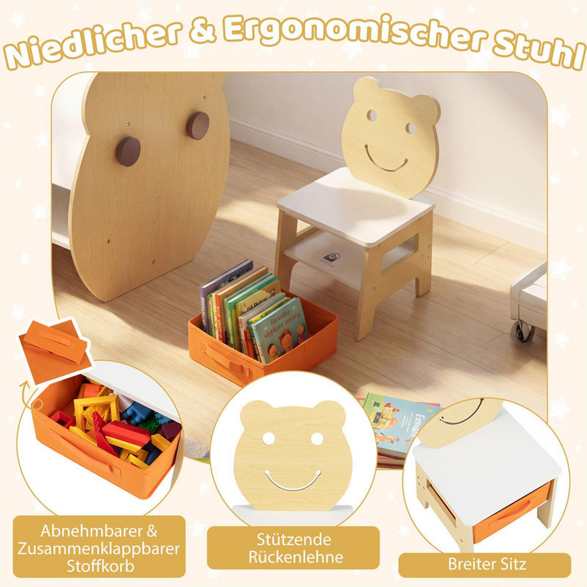 KINDERTISCH mit stuhl natur(2-tlg) - Naturfarben, Holzwerkstoff (59.5/60/60cm) - COSTWAY