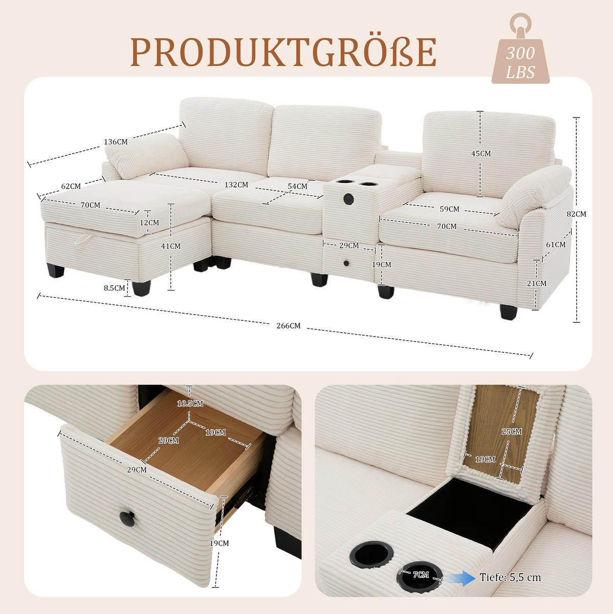 ECKSOFA aus Cord 266x136x82 cm Beige mit USB-C, verschiebbarer Mittelkonsole und Stauraumhocker - Beige, Textil (136/266cm) - Modfu