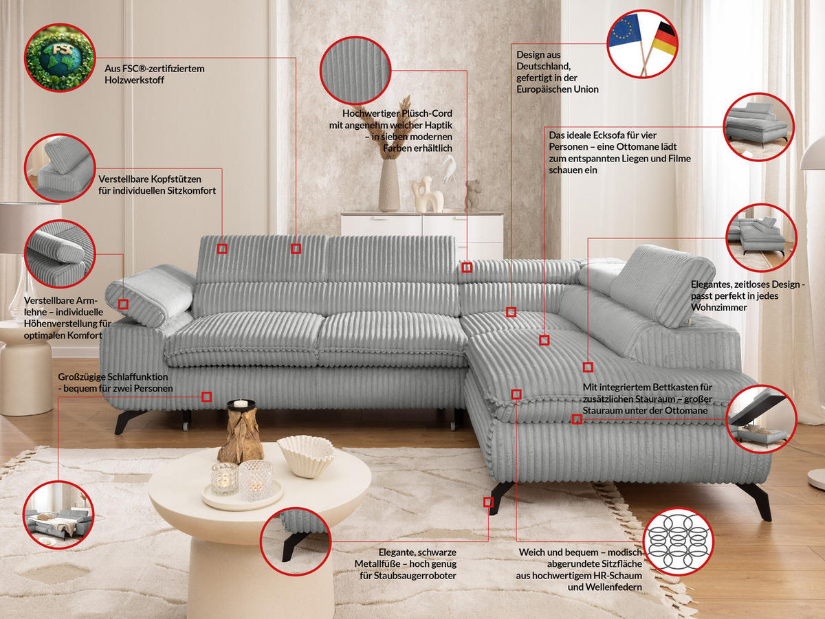ECKSOFA mit Schlaffunktion und Bettkasten Bonnie aus Hellgrau Cord-Stoff mit verstellbaren Kopfstützen und Armlehne - Ottomane rechts - Hellgrau/Schwarz, Holz/Textil (275/210cm) - S-Style Möbel