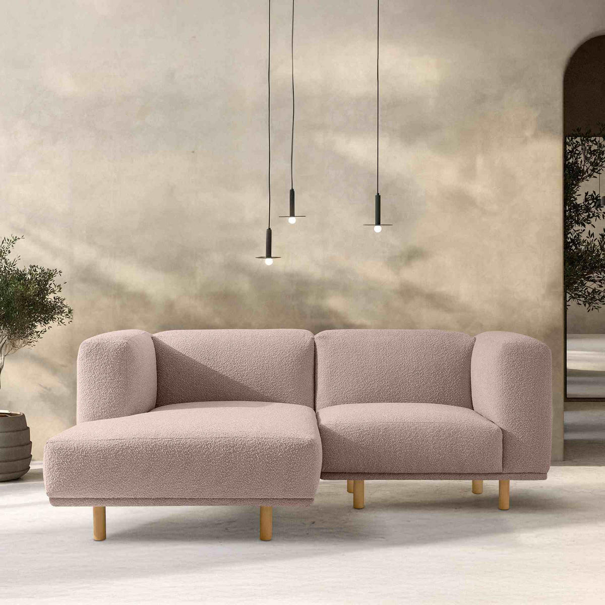 ECKSOFA-LINKS FOSERO, Bouclé - Pink/Buchefarben, Holz/Holzwerkstoff (204/155cm) - KONSIMO®