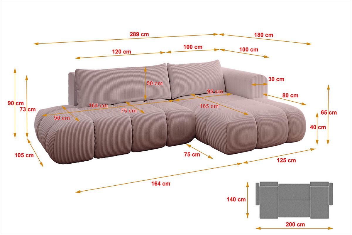 ECKSOFA Ottomane Rechts CLOUD-L 289x180x40 Rosa Cord - Rosa, Holzwerkstoff/Kunststoff (289/180cm) - ALTDECOR