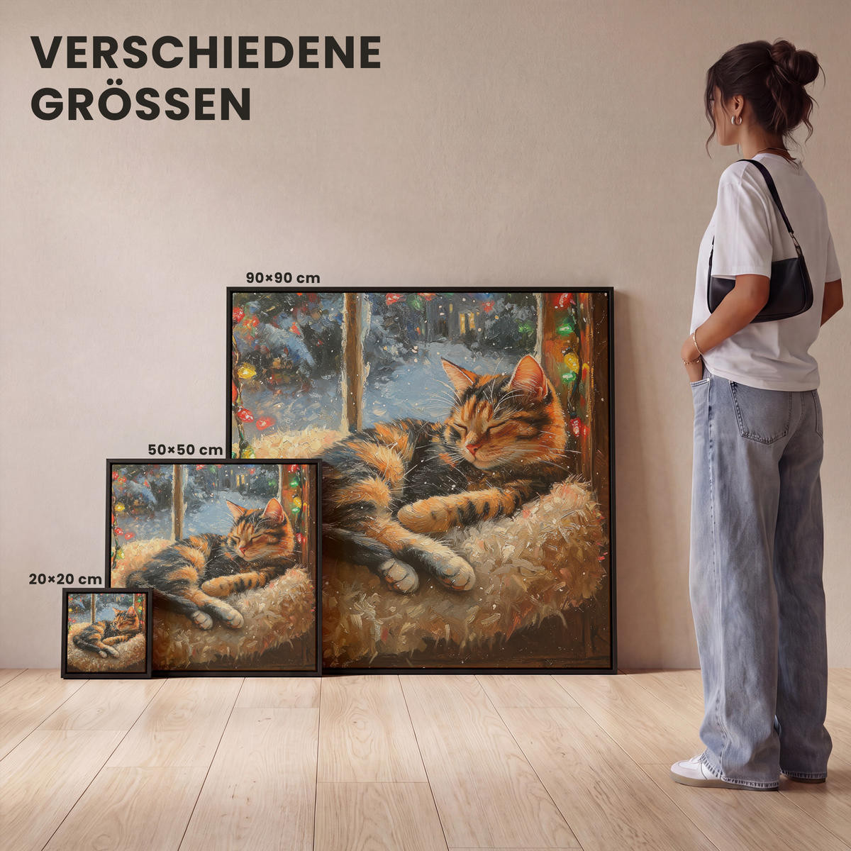 LEINWAND Bilder mit Rahmen - Katze - Weihnachten - Winter - Tier - 20x20 - Bernsteinfarben, Textil (20/20cm) - MuchoWow