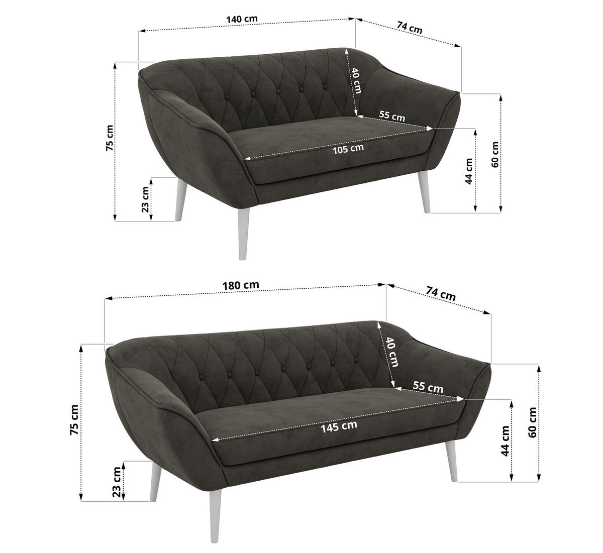 SITZGARNITUR PIRS 3+2 - Dunkelgrau Velvet - Weiße Beine - Dunkelgrau/Weiß, Holzwerkstoff/Textil (180/75/74cm) - MKS