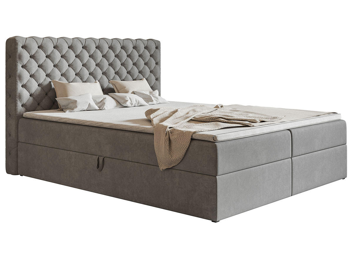 BOXBETT Bonio VIII 120/200 cm in Hellgrau – mit Bettkasten und Topper - Hellgrau/Schwarz, Holz/Holzwerkstoff (120/200cm) - AX Living