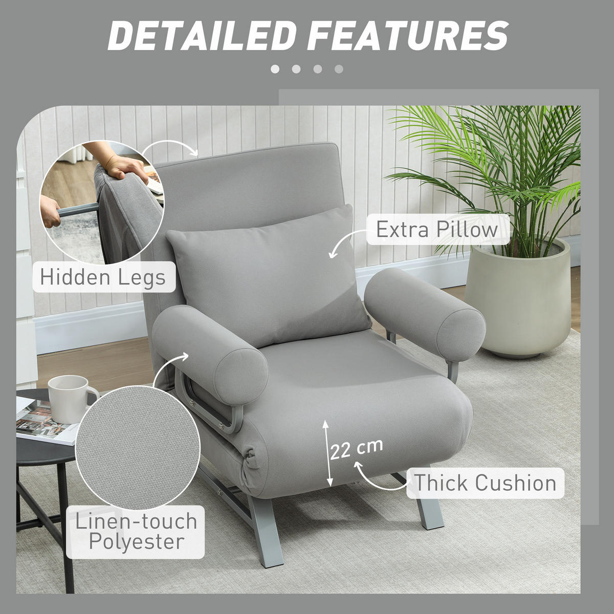 SCHLAFSESSEL 3-in-1 Sessel Bett-Funktion und Zierkissen, Hellgrau - Hellgrau/Grau, Textil/Metall (73/81/78cm) - HOMCOM