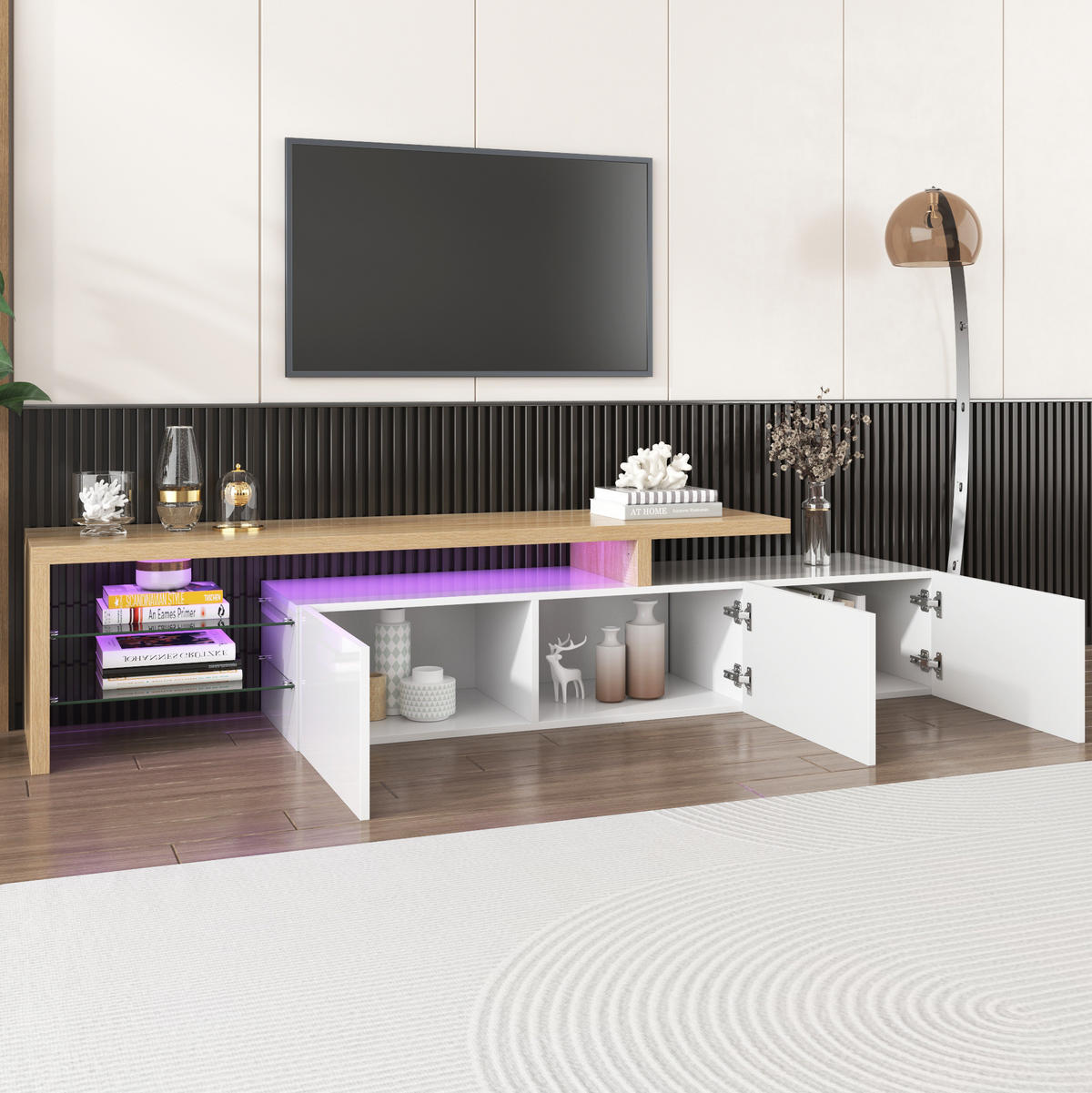 LOWBOARD 197,5/39/42 cm aus MDF und Glas mit LED-Beleuchtung und 3 Schrankfächern Weiß/Natur - Weiß, Holzwerkstoff (197.5/42/39cm) - Modenvie