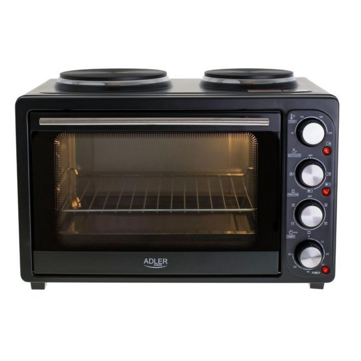 MINIBACKOFEN, Umluft, 36L, 2 Kochplatten, Elektrobackofen, Küche, Haushalt, Pizzaofen, Brot backen, Aufbacken, Kochen, Snacks, kompakt, Timer, Grill - Schwarz, Metall (65/39.5/43cm) - Adler