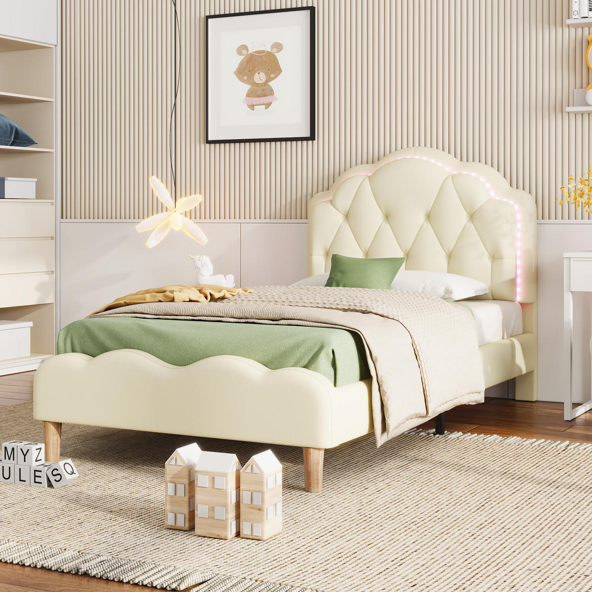 POLSTERBETT 90/200 cm Beige aus PU mit LED-Beleuchtung - Beige, Kunststoff (90/200cm) - Flora Grace