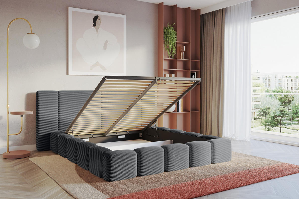 POLSTERBETT mit Bettkasten und Lattenrost, Bett mit Matratze H3/H4 - NILO 140x200 Dunkelgrau - Graphitfarben, Holzwerkstoff/Textil (140/200cm) - ALTDECOR