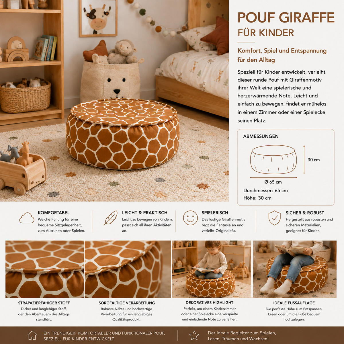 KINDER Sitzpouf Giraffe rund – weicher Hocker fürs Kinderzimmer - Creme/Braun, Textil (65/30/65cm) - Bees & Blooms