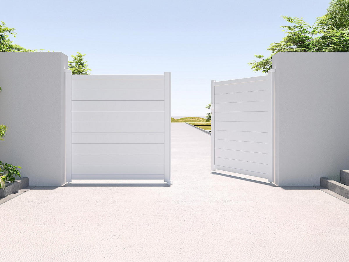 GARTENTOR Flügeltor Doppeltor - 305 x 181 cm - voll - Aluminium - Weiß - NAZARIO - Weiß, Metall (300/176cm) - Vente-Unique