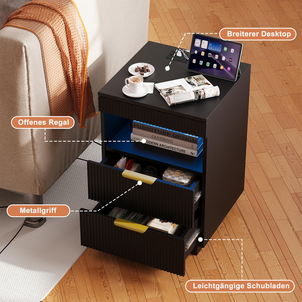 NACHTSHRANK Schwarz mit LED-Beleuchtung, Steckdose, USB & Type-C, Nachttisch mit 2 Schubladen, 40/40/60 cm - Goldfarben/Schwarz, Holz/Metall (40/60/40cm) - BPKADHY