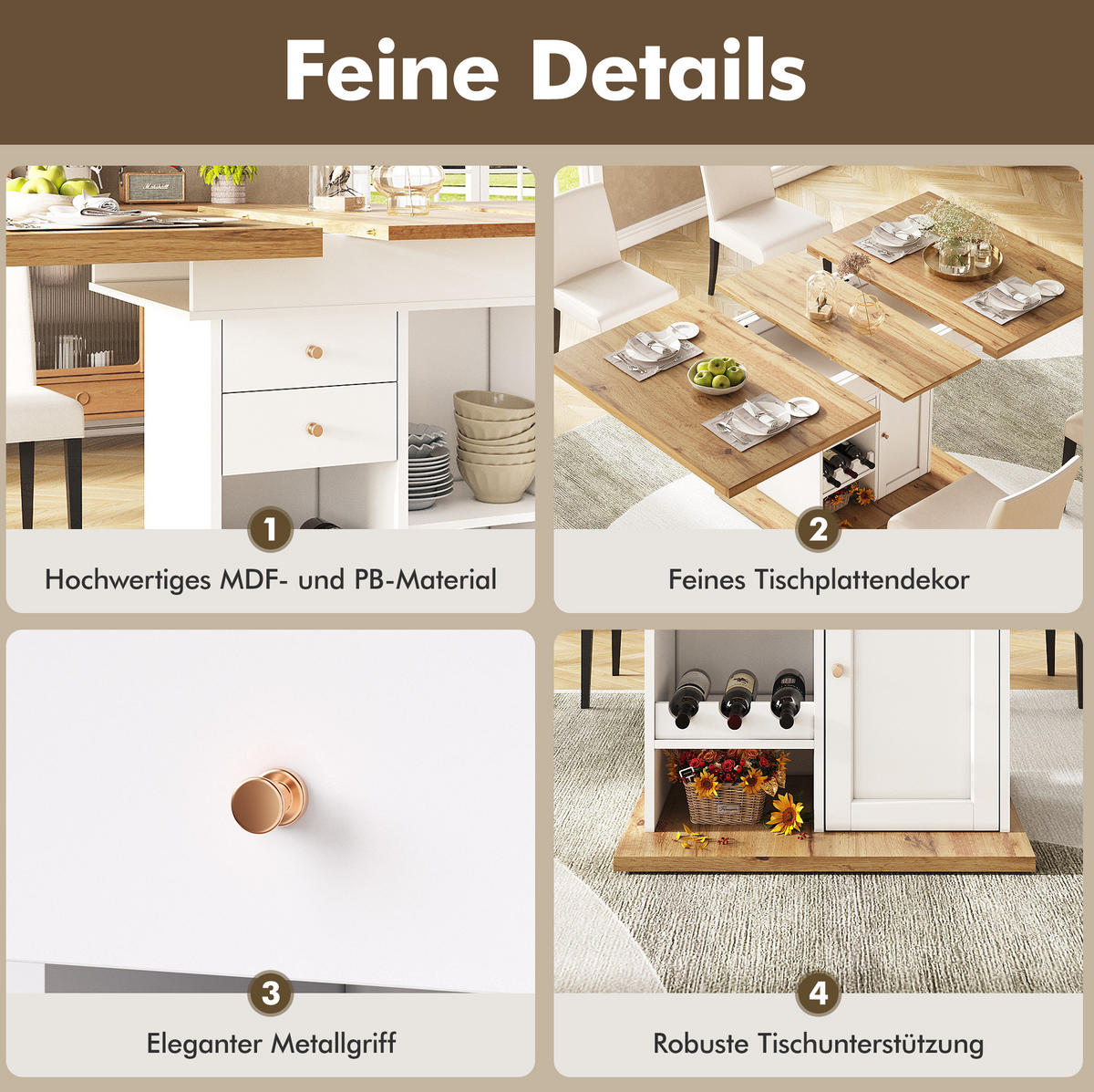ESSTISCH aus MDF 110-140x80x75 cm Natur/Weiß ausziehbar mit Schublade, Klapptür und Regalen für Snacks und Wein - Naturfarben, Holzwerkstoff (140/80/75cm) - Modfu