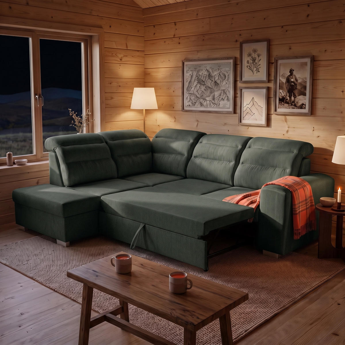 ECKSOFA CLOUD L Links mit Schlaffunktion 120x190 Velours Dunkelgrün - Chromfarben/Dunkelgrün, Holz/Kunststoff (202/260cm) - Muffo