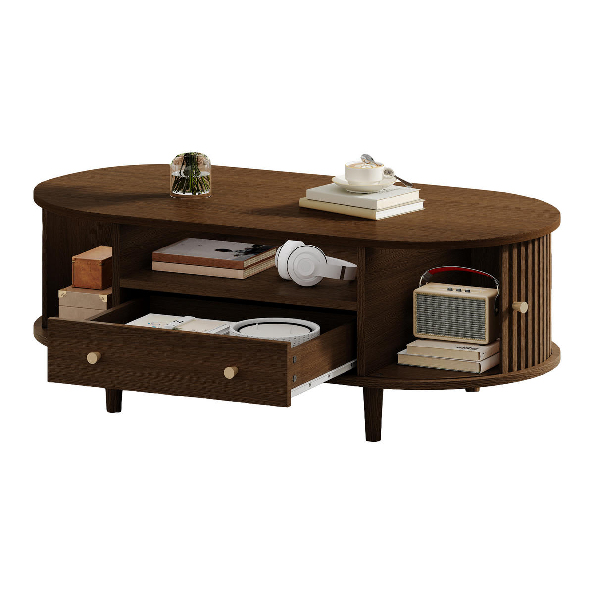 COUCHTISCH 100/50/36 cm walnussfarben aus MDF mit Schublade und Rolltür - Nussbaumfarben, Holzwerkstoff (100/50/36cm) - OKWISH