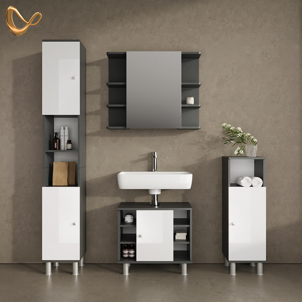 BADMÖBEL-SET Fucino Anthrazit 4 Teile - Weiß Hochglanz/Anthrazit, Holzwerkstoff (60/54/32cm) - Livinity®
