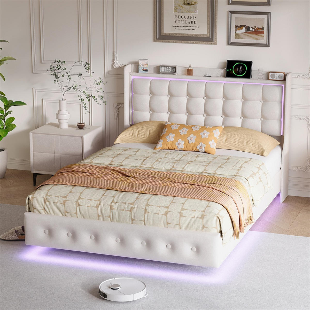 POLSTERBETT 140 x 200 cm - mit LED-Beleuchtung und USB-Ladestation - ohne Matratze - Weiß - Weiß, Textil (140/200cm) - DELFA
