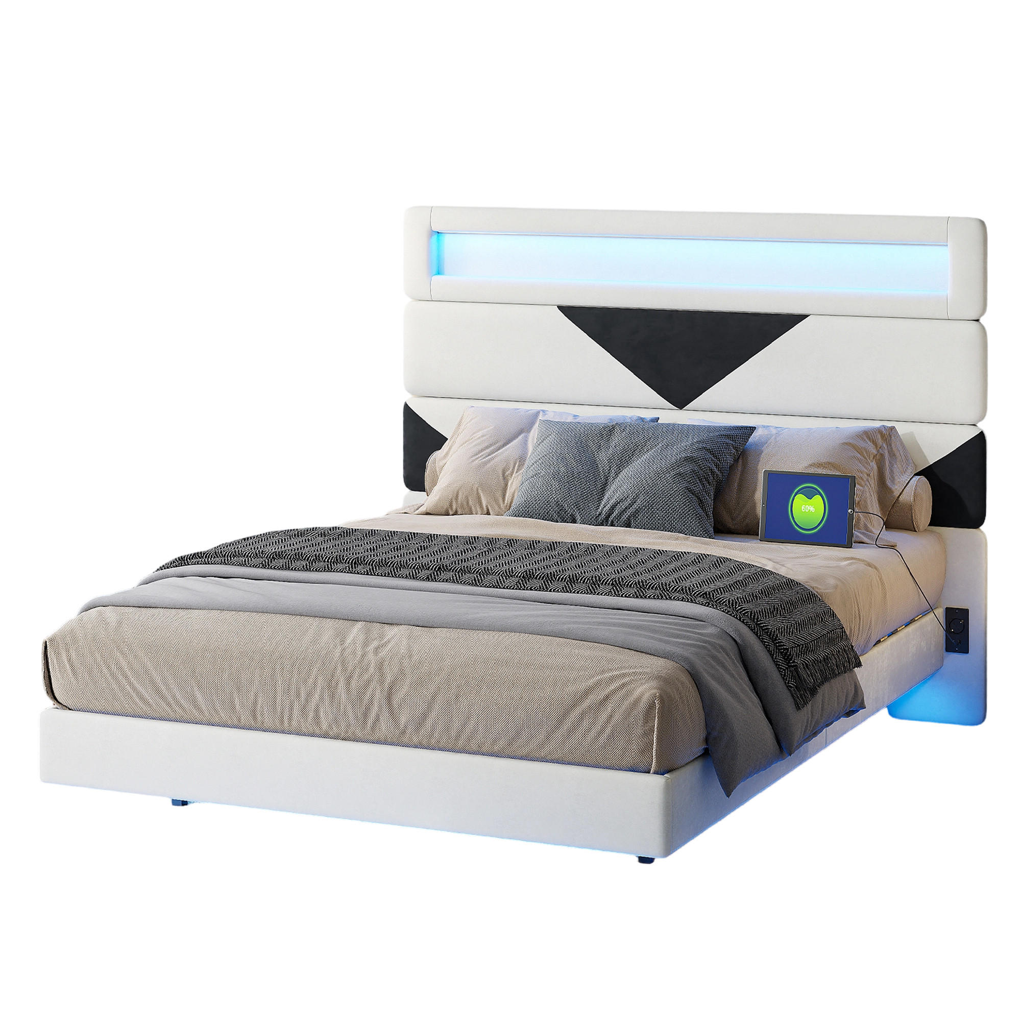 POLSTERBETT 160x200 cm - USB Typ-C - integrierte LED-Beleuchtung - Samtstoff weiß - Weiß, Holzwerkstoff (160/200cm) - Novahome