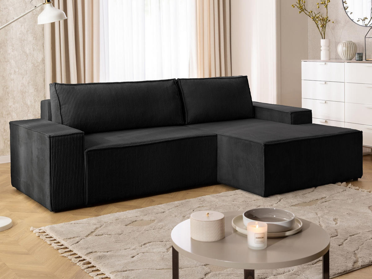 ECKSOFA Rivio mit Schlaffunktion und Bettkasten, Cordstoff Schwarz - Schwarz, Holz/Kunststoff (262/149cm) - S-Style