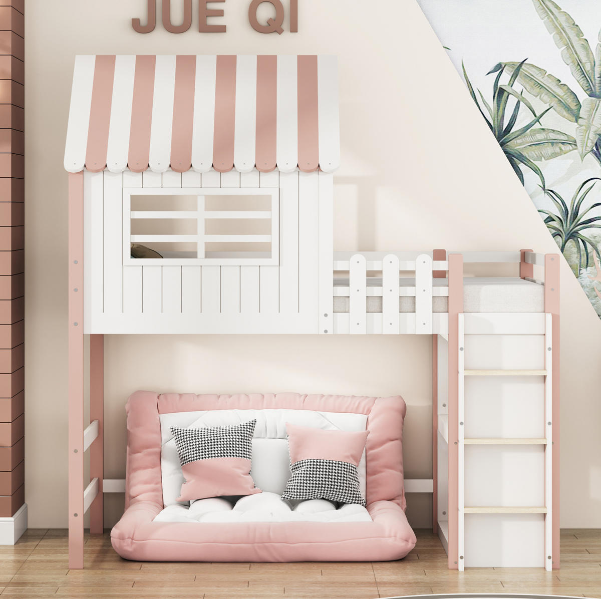 KINDERBETT 90x200 cm Rosa mit Dachdesign, Sicherheitsleiter und Lattenrost - Pink, Holzwerkstoff (90/200cm) - Modfu