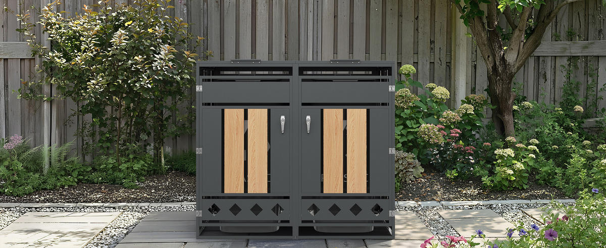 MÜLLTONNENBOX Klappdeckel 2 Türen Holzoptik vertikal - Grau, Metall (132/118.5/80cm) - LEBENLANG