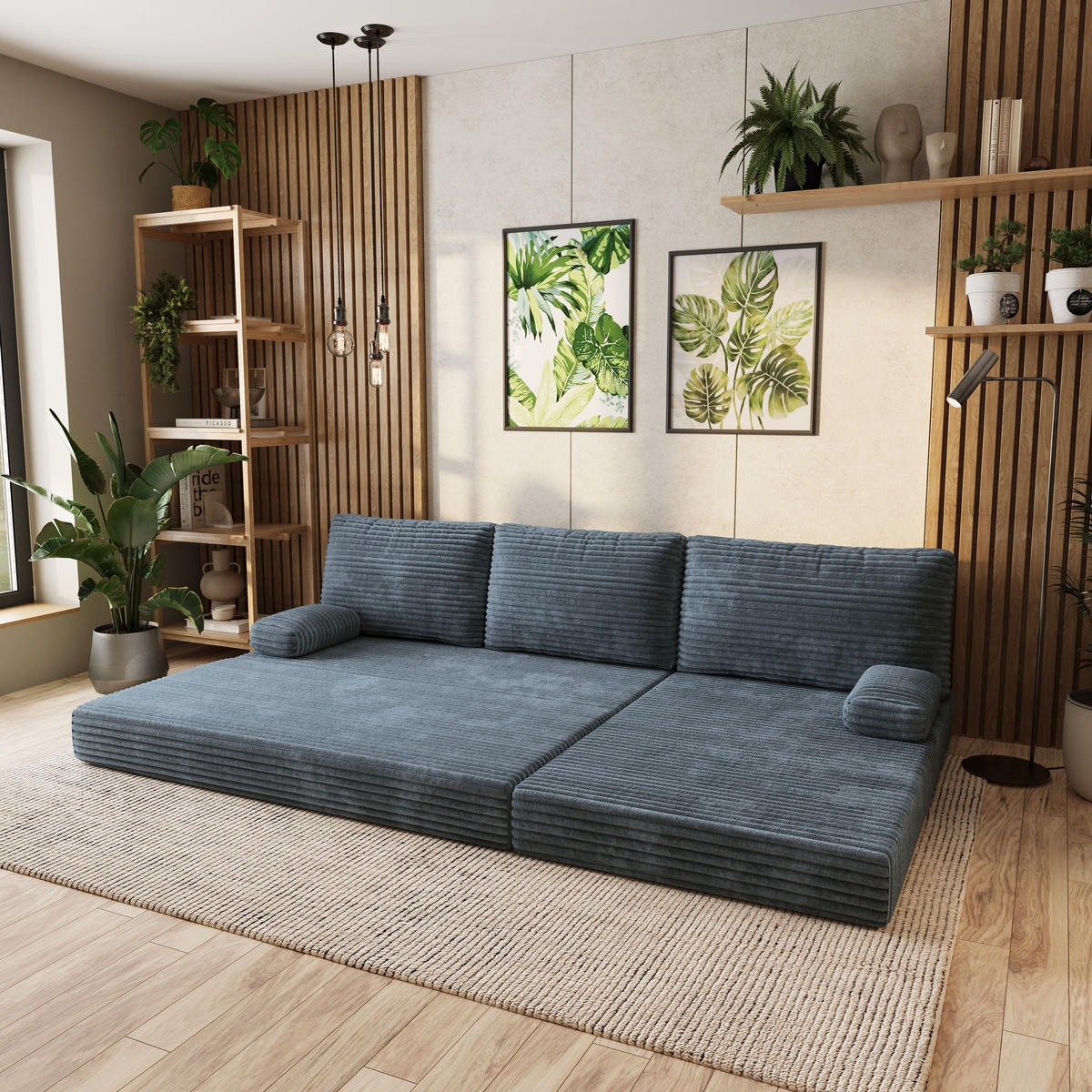 ECKSOFA ANKO modulares Boneless Sofa mit Schlaffunktion Grau Kordstoff - Blaugrau, Textil (270/160cm) - MASSENO