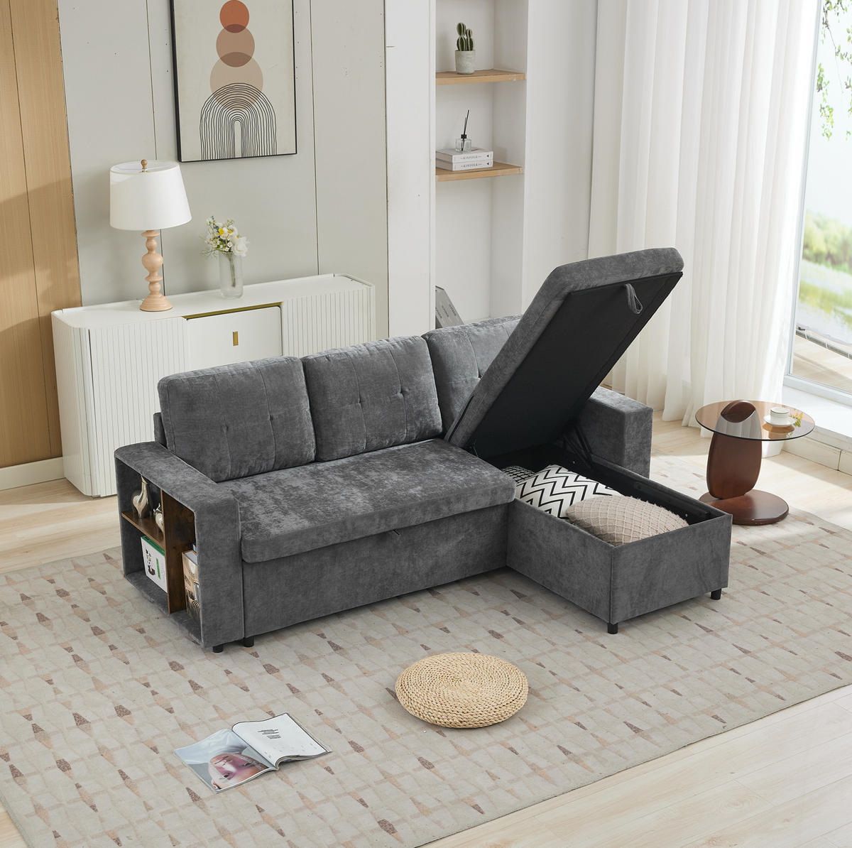 ECKSOFA 202/136/85 cm grau aus Chenille mit Stauraum - Grau, Textil (136/202cm) - OKWISH