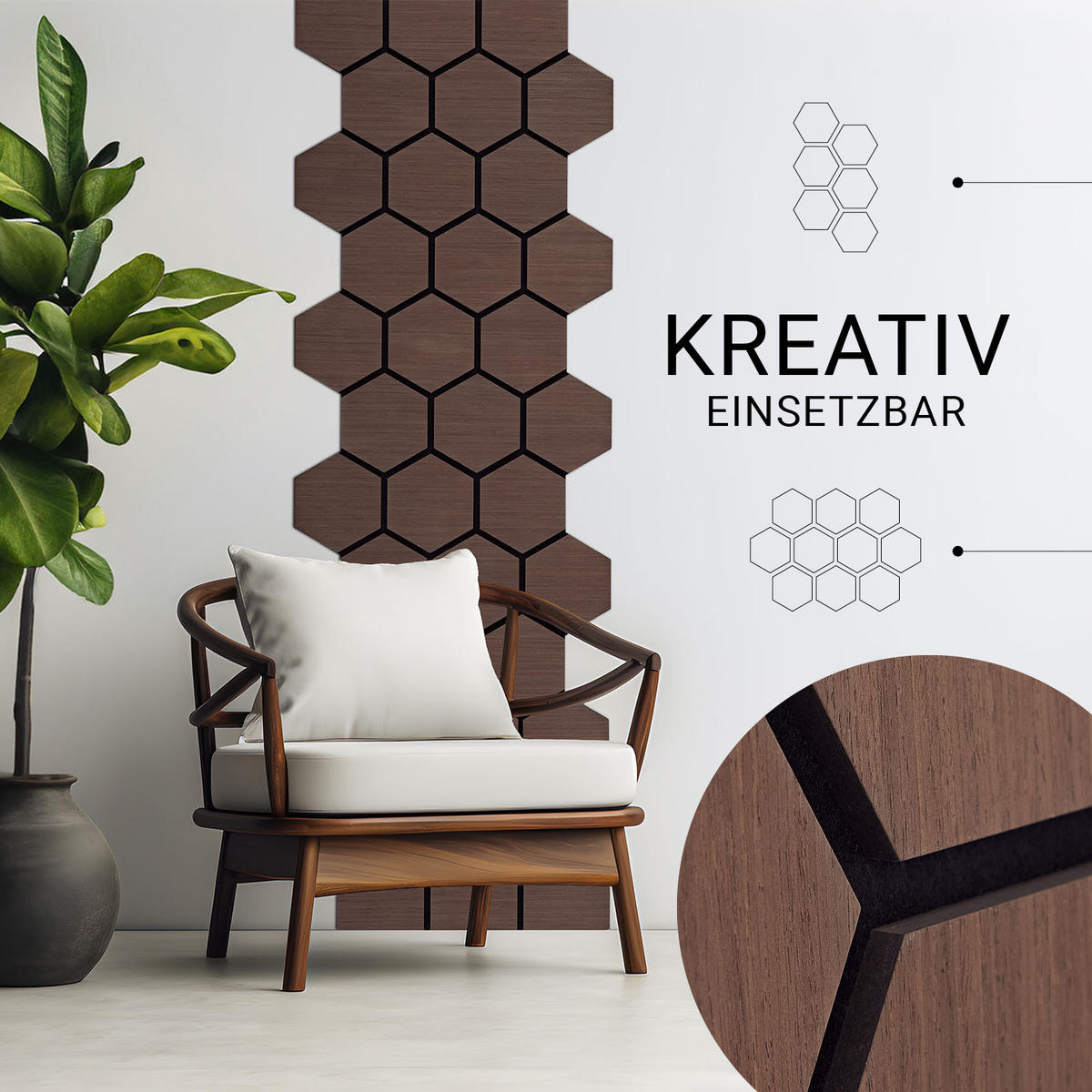 AKUSTIKPANEEL Hexagon Braun 8 Stück - Braun, Holz (62/76/2cm) - Homestyle4u