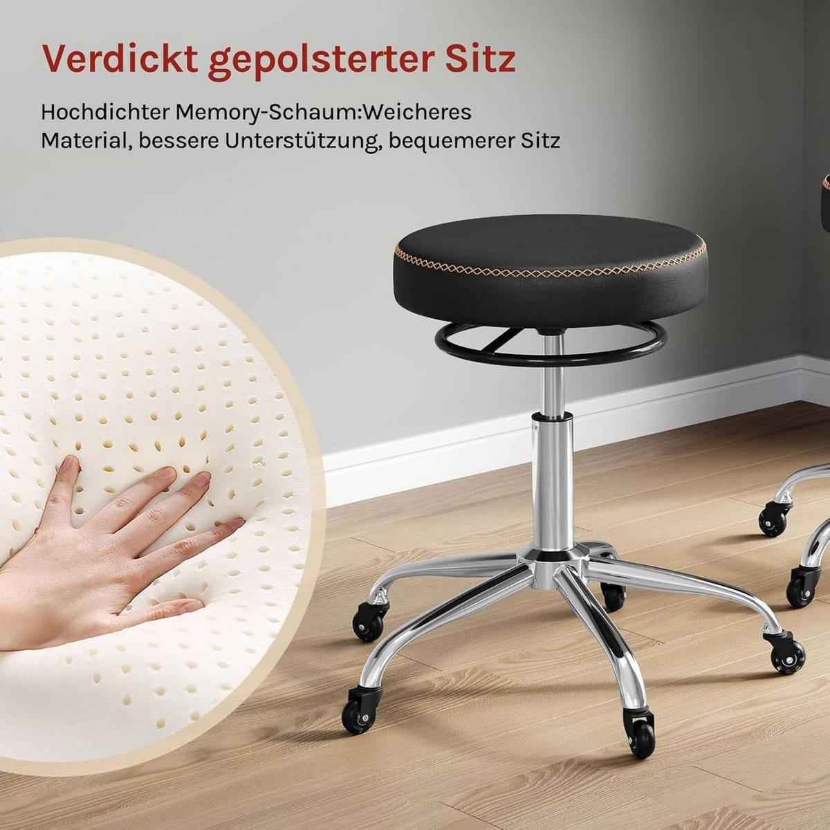 BÜROHOCKER 360° drehbar, rund, Kunstleder, Schwarz - Schwarz, Kunststoff/Textil (49/46/49cm) - Woltu