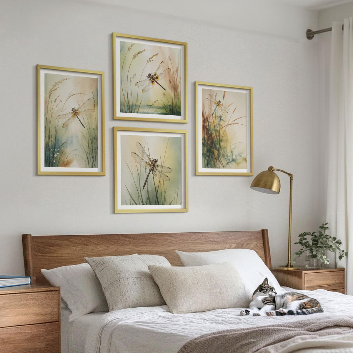 WANDBILDER 4er Set - 50x50 cm & 40x60 cm Goldrahmen - Libellengräser über dem Wasser - Goldfarben, Kunststoff (50/50cm) - ArtPrintCave