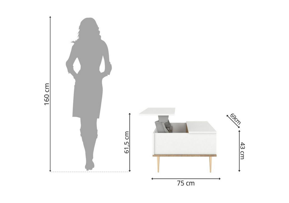 COUCHTISCH Harmoni, Höhenverstellbarer, Weiß, Goldenen Details - Goldfarben/Weiß, Holzwerkstoff/Metall (69/75/43cm) - Skandica