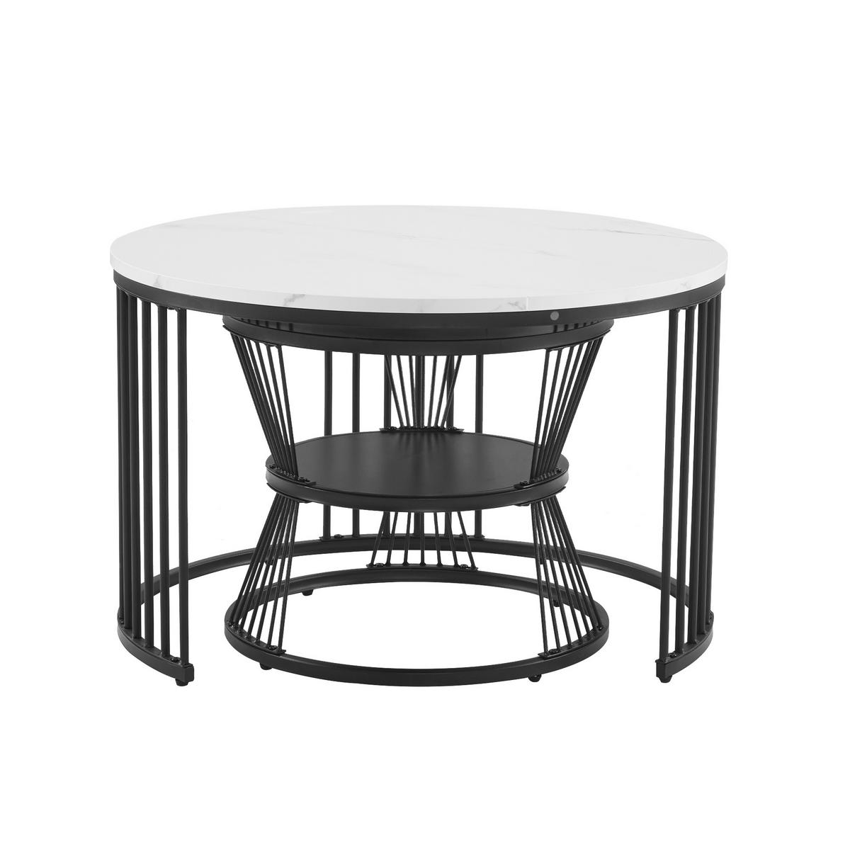 COUCHTISCH Set rund mit Hochglanz-Tischplatte marmoriert 70/70 cm und 45/45 cm schwarz - Schwarz, Holzwerkstoff (70/70/45.5cm) - OKWISH