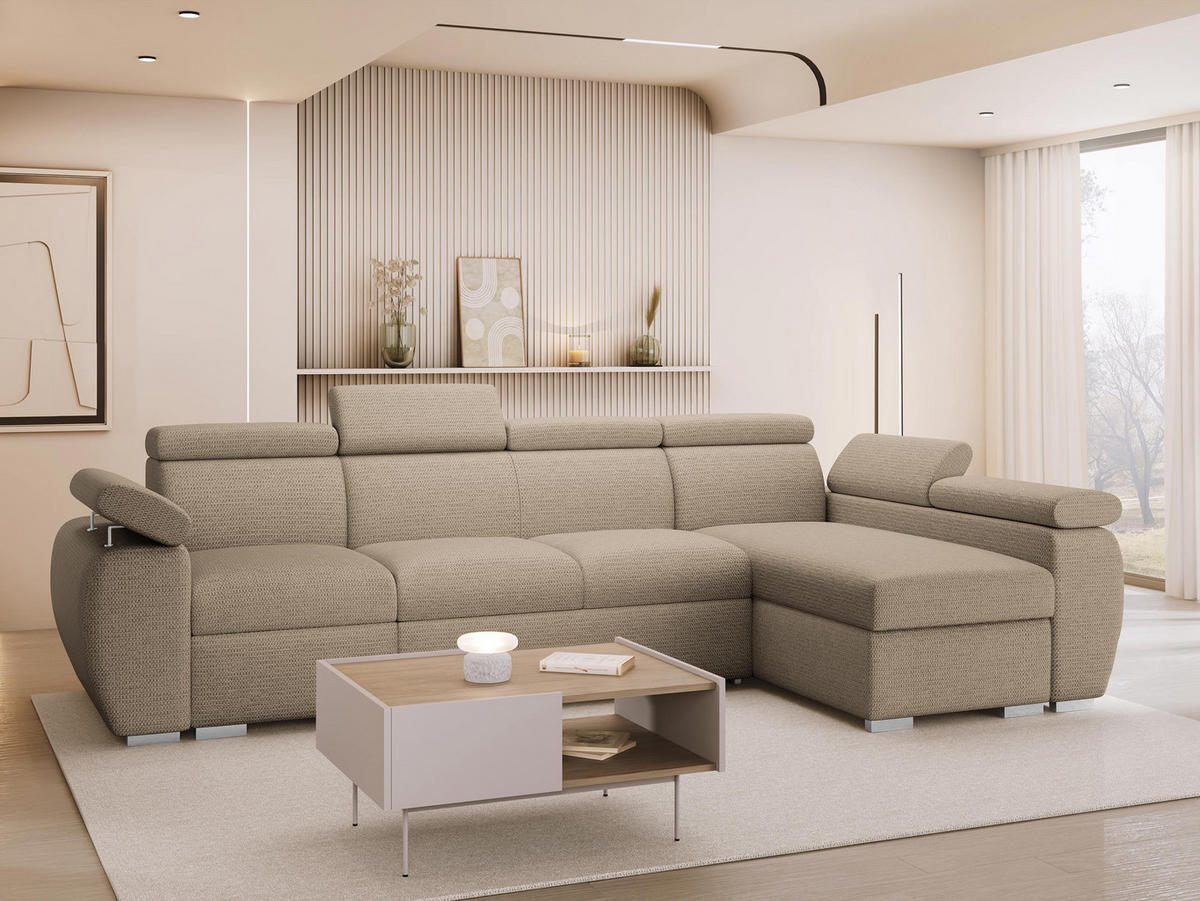 ECKSOFA Boston LCP, Seite: Rechts 1P(65)+2R+LCP - Hellbraun/Silberfarben, Holz/Textil (320/170cm) - MIRJAN24