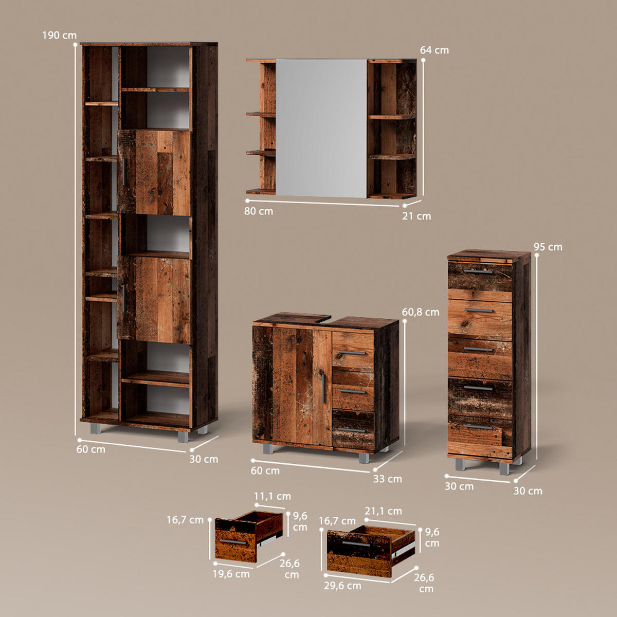 BADMÖBEL-SET Eisak Eiche rustikal 4 Teile - Wildeiche, Holzwerkstoff (60/60/33cm) - Livinity®