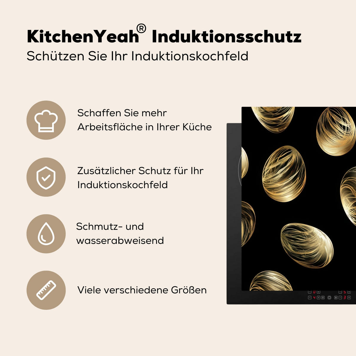 HERDABDECKPLATTE Eier - Gold - Muster Herdabdeckung Induktionsfeld 70x52 cm - Schwarz, Kunststoff (70/52/0.2cm) - MuchoWow