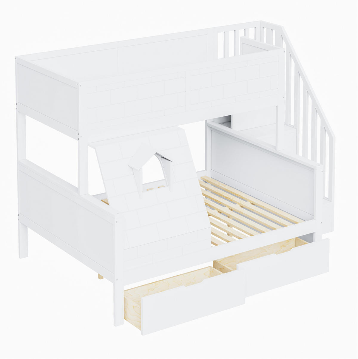 ETAGENBETT aus Kiefernholz 90x200/140x200 cm in Weiß mit Treppe & 2 Schubladen - Weiß, Holz (90/200cm) - Modfu
